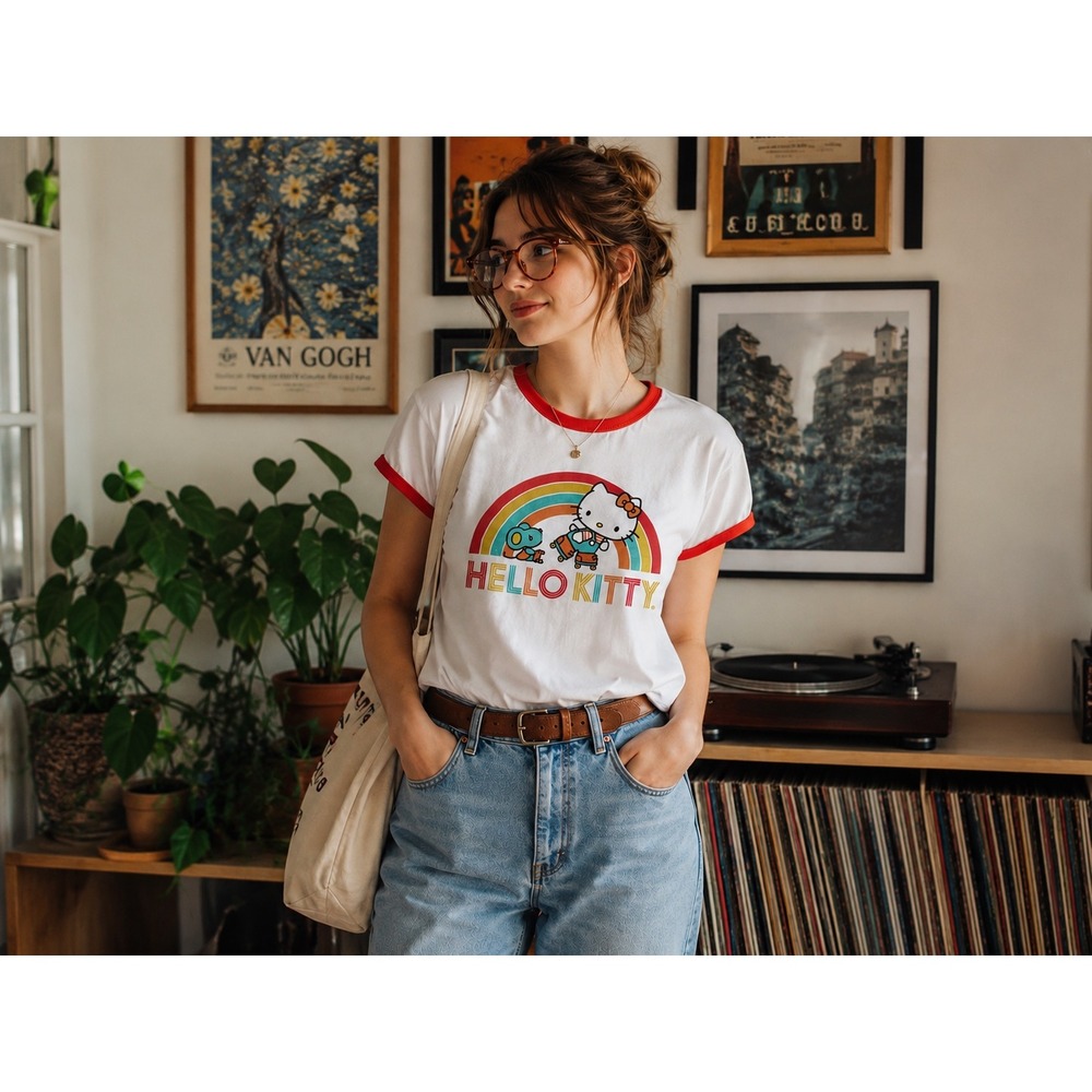 Love Tribe Hello Kitty Y2K Style Rainbow Roller Skating Ringer T-Shirt White Red